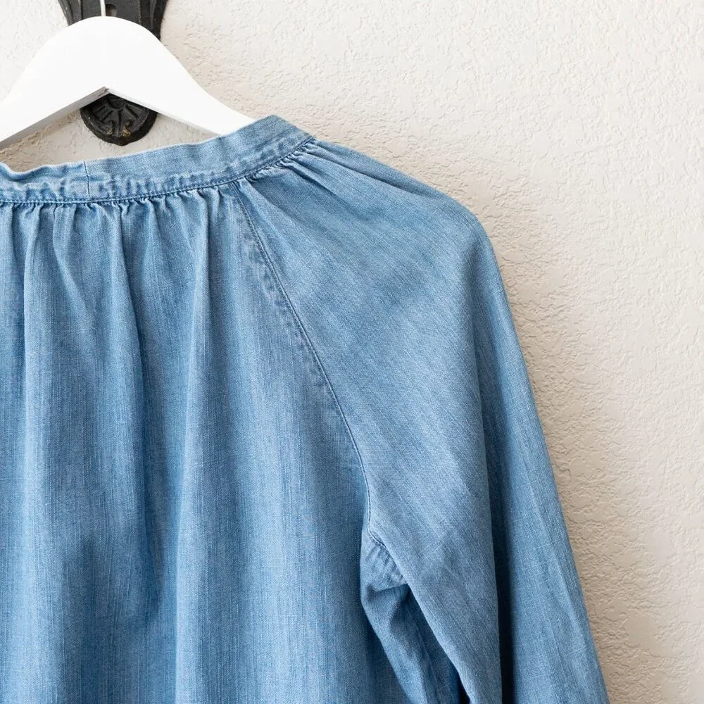 Madewell Chambray Top XS Blue Cotton Lyocell Tie Neck Boho Lightweight Blouse - Picture 10 of 12